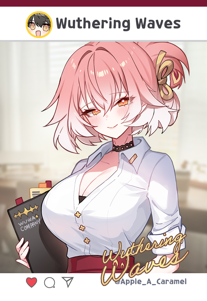 1girl alternate_costume alternate_hairstyle apple_caramel black_choker blush breasts changli_(wuthering_waves) choker cleavage clipboard closed_mouth collared_shirt commentary copyright_name english_commentary hair_between_eyes hair_ornament holding holding_clipboard large_breasts looking_at_viewer multicolored_hair orange_eyes pink_hair rover_(wuthering_waves) shirt short_hair smile solo two-tone_hair upper_body white_hair wuthering_waves