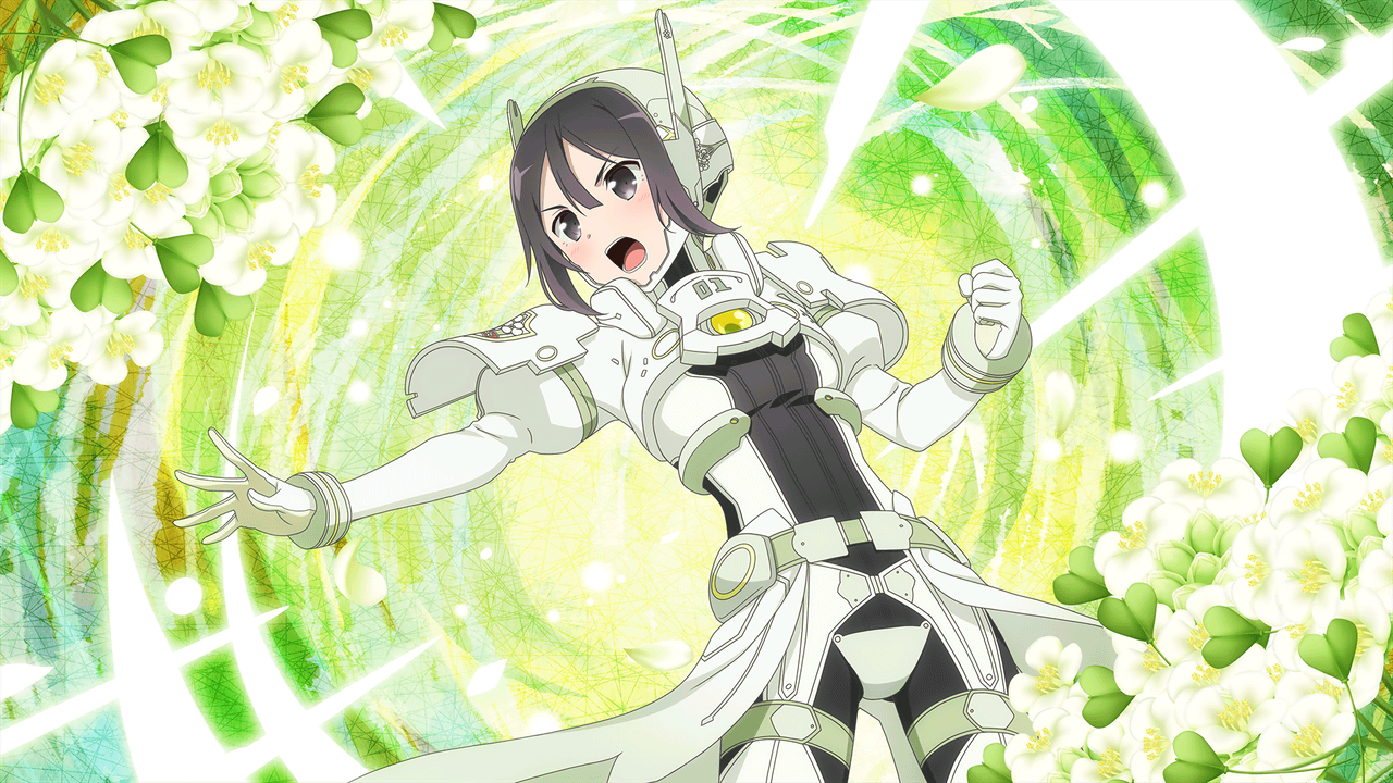 1girl armored_bodysuit artist_request black_eyes black_hair check_artist cowboy_shot flower game_cg green_background kusunoki_mebuki kusunoki_mebuki_wa_yuusha_de_aru leaf light_blush official_art open_mouth petals sentinel_(yuusha_de_aru) serious short_hair solo v-shaped_eyebrows white_flower yuuki_yuuna_wa_yuusha_de_aru yuuki_yuuna_wa_yuusha_de_aru:_hanayui_no_kirameki yuusha_de_aru