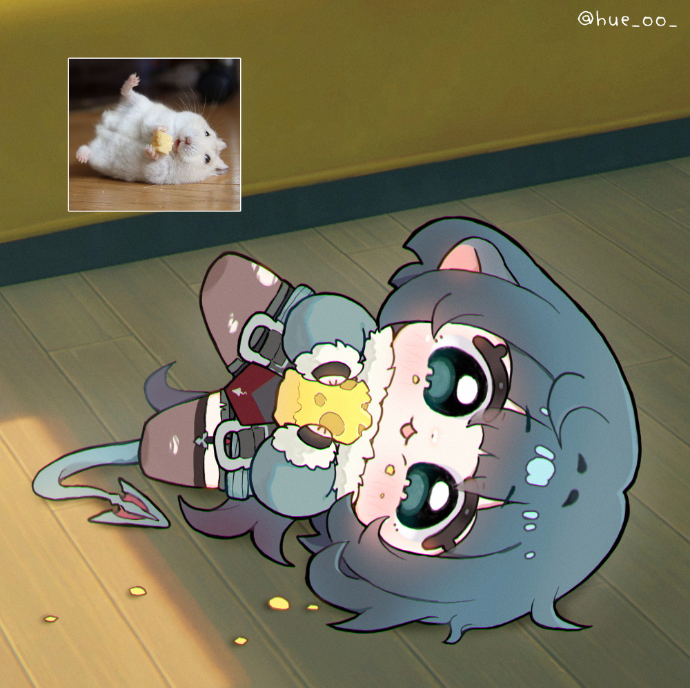 1girl :3 :d animal_ears black_gloves black_shorts blunt_bangs blush brown_thighhighs cheese chibi chibi_only commentary crumbs fingerless_gloves food full_body gloves green_eyes green_hair grey_jacket holding holding_food hue_oo jacket jane_doe_(zenless_zone_zero) long_sleeves looking_at_viewer lying mouse_ears mouse_girl mouse_tail on_side open_mouth photo-referenced reference_inset short_hair shorts smile solo symbol-only_commentary tail thighhighs torn_clothes torn_thighhighs twitter_username wooden_floor zenless_zone_zero