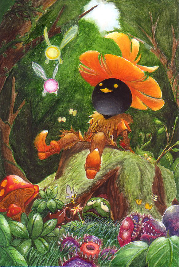 aaku deku_baba fairy forest hat nature nintendo sitting skull_kid tael tatl the_legend_of_zelda the_legend_of_zelda:_majora&#039;s_mask traditional_media