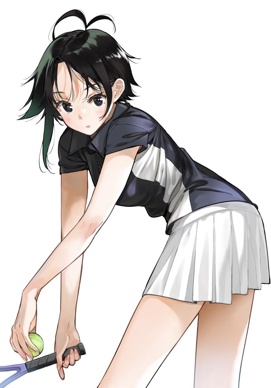 1girl ball blush commentary_request green_eyes grey_hair highres looking_at_viewer miyajima_reiji polo_shirt shiunji-ke_no_kodomotachi shiunji_minami short_hair skirt tennis_ball white_background