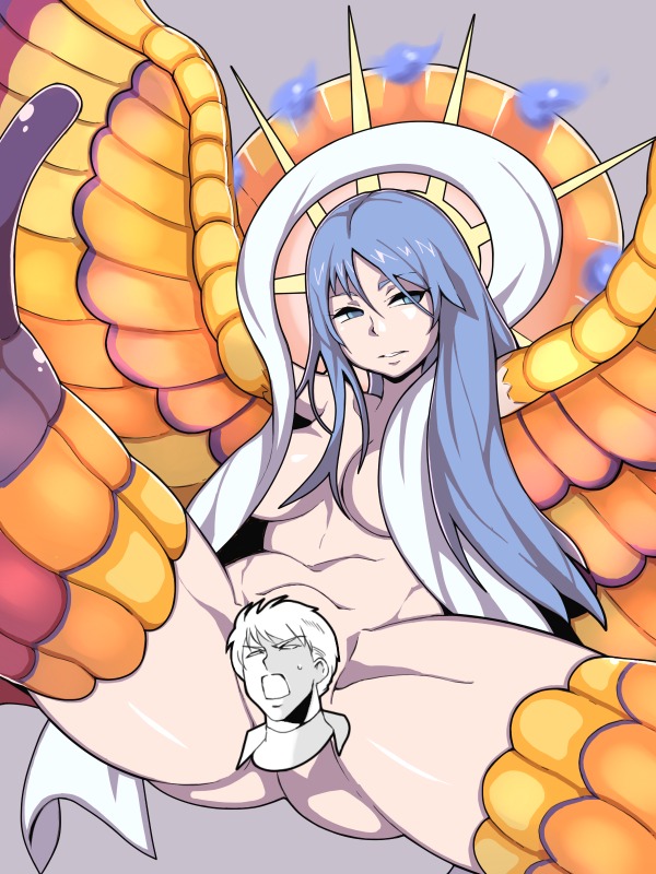 1boy 1girl blue_eyes breasts canon_genderswap censored character_request commentary_request genderswap genderswap_(mtf) head large_breasts long_hair monster_girl open_mouth romancing_saga_2 saga short_hair square_enix wagnas wings yucopi