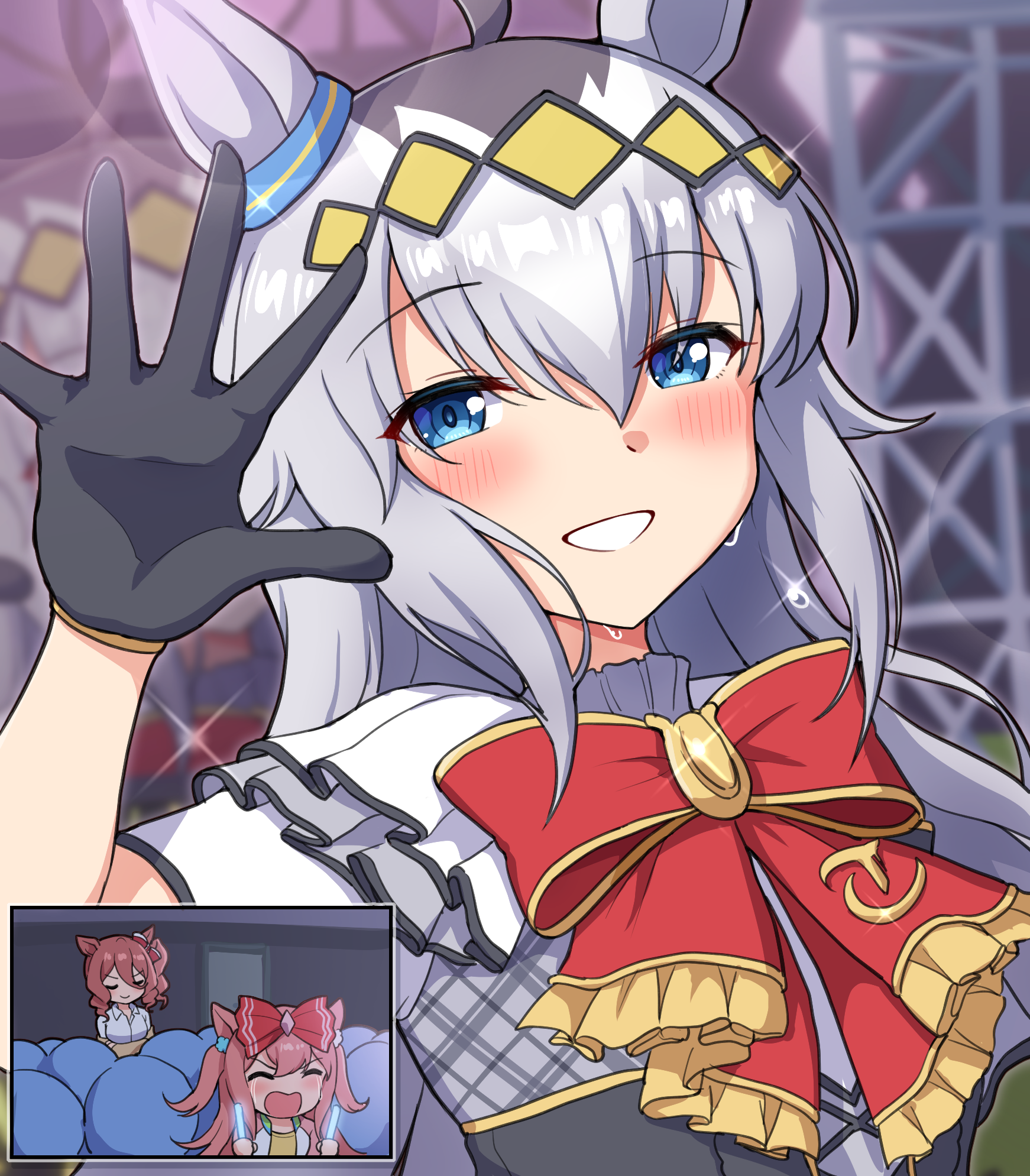 3girls agnes_digital_(umamusume) ahoge animal_ears black_gloves bow closed_eyes commentary_request crowd gloves grey_hair hair_between_eyes hair_bow hand_up highres horse_ears horse_girl long_hair looking_at_viewer multiple_girls norn_ace oguri_cap_(umamusume) open_mouth red_bow smile sweat takiki umamusume umamusume:_cinderella_gray upper_body