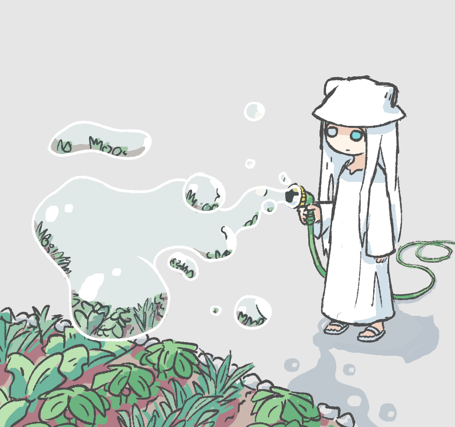 1girl aqua_eyes closed_mouth dress expressionless full_body garden grey_background grey_eyes hat heterochromia holding holding_hose hose long_dress long_hair long_sleeves nonounno puddle sandals shimeji_simulation simple_background solo standing the_gardener_(shimeji_simulation) very_long_hair water white_dress white_hair white_hat