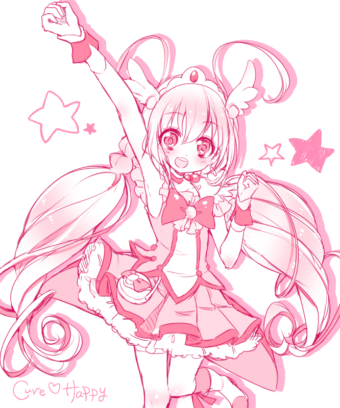 10s 1girl :d antenna_hair arm_up armpits boots bow brooch character_name choker cowboy_shot cure_happy female_focus hoshizora_miyuki jewelry knee_boots long_hair looking_at_viewer magical_girl monochrome open_mouth pink_theme precure skirt smile smile_precure! solo standing standing_on_one_leg twintails uzuki_aki white_background wrist_cuffs
