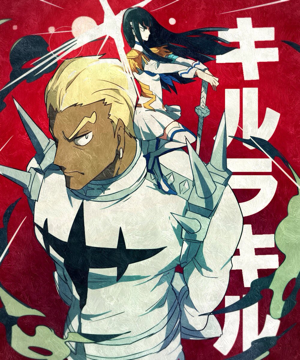 1boy 1girl bakuzan black_hair blue_necktie boots dark-skinned_male dark_skin dress earrings epaulettes full_body gamagoori_ira hair_slicked_back highres holding holding_weapon honnoji_academy_school_uniform jacket jewelry katana kayasamad kill_la_kill kiryuuin_satsuki long_hair muscular muscular_male necktie pants pleated_dress protected_link school_uniform sheath sheathed short_dress size_difference spikes sword thick_eyebrows thigh_boots upper_body weapon white_dress white_footwear white_jacket