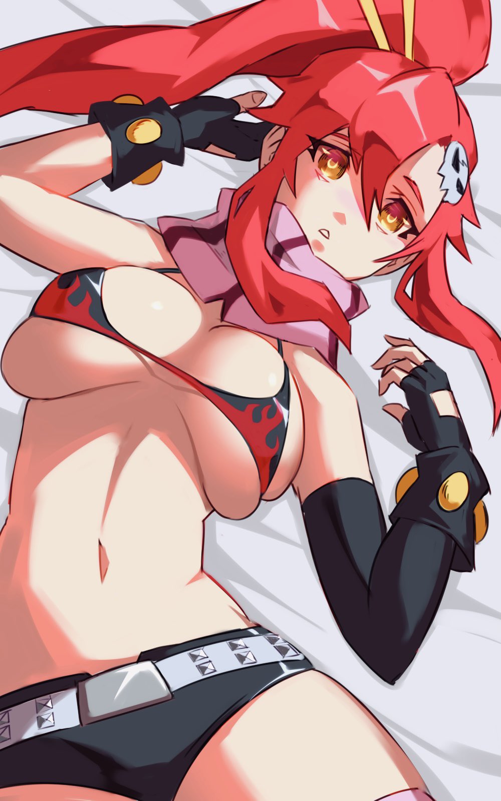 1girl belt bikini bikini_top_only bracelet breasts cleavage fingerless_gloves flame_print gloves hair_ornament hair_stick highres jewelry large_breasts long_hair navel no_shirt ponytail red_hair scarf short_shorts shorts skull_hair_ornament solo striped_clothes striped_scarf studded_belt studded_bracelet swimsuit tengen_toppa_gurren_lagann underboob ura_dora yellow_eyes yoko_littner