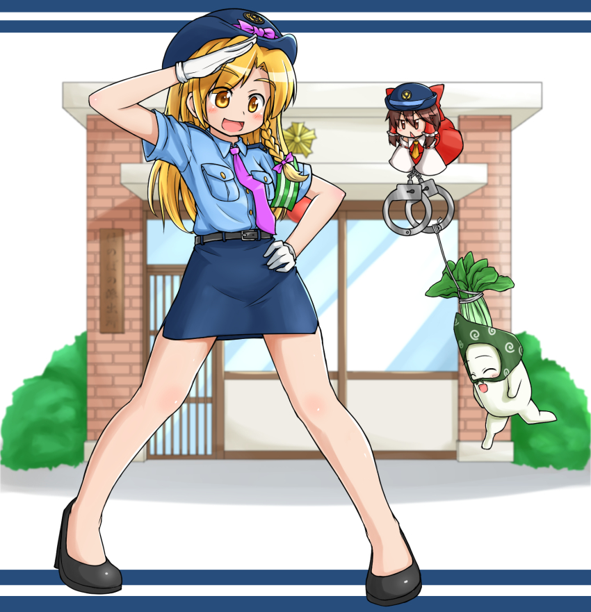 1boy 1girl alternate_costume belt black_belt black_footwear blonde_hair blue_shirt blue_skirt blush bow braid brown_eyes brown_hair commentary_request cookie_(touhou) crossdressing cuffs daikon detached_sleeves dress frilled_hair_tubes frills full_body genderswap genderswap_(ftm) gloves hair_bow hair_tubes hakurei_reimu handcuffs hat high_heels kirisame_marisa knb_(nicoseiga53198051) long_hair mini_person minigirl miniskirt open_mouth pencil_skirt police police_hat police_uniform policewoman purple_bow radish red_bow red_dress rei_(cookie) reu_daikon sakenomi_(cookie) salute shirt shirt_tucked_in short_hair short_sleeves sidelocks single_braid skirt sleeveless sleeveless_dress sleeves_past_fingers sleeves_past_wrists smile touhou trap white_gloves white_sleeves wide_sleeves yellow_eyes