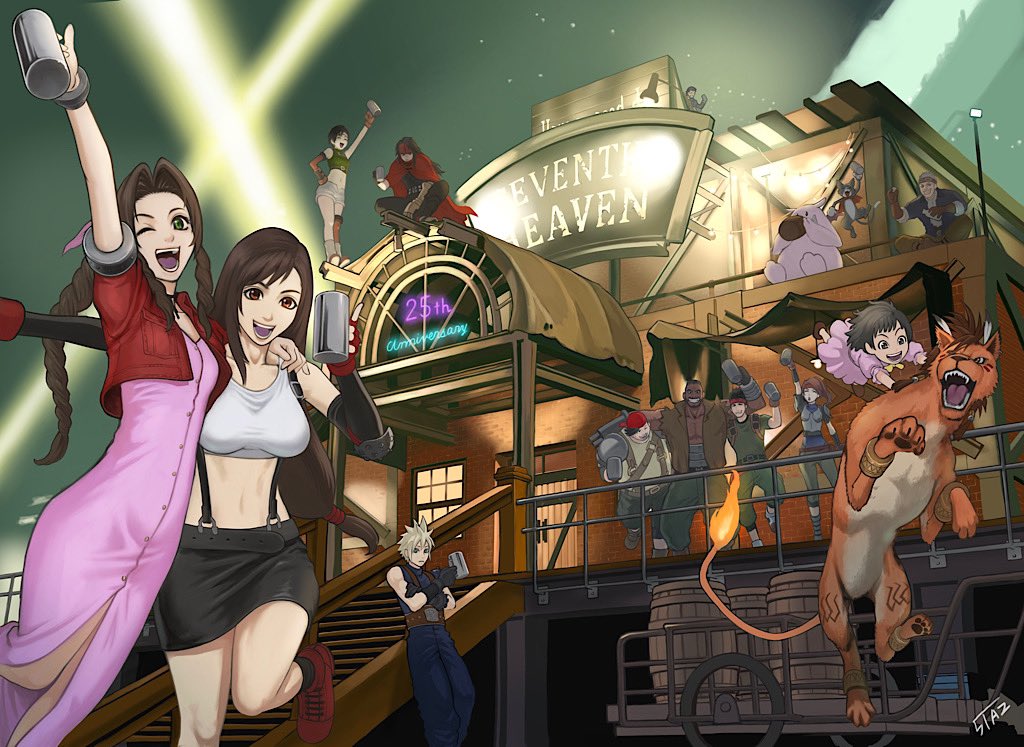5girls 5ta2_5 aerith_gainsborough asymmetrical_bangs bandana barret_wallace beige_shorts belt biggs_(ff7) black_hair blonde_hair blue_jacket bracelet braid breasts brown_eyes brown_hair brown_vest cait_sith_(final_fantasy) cape cid_highwind cloud_strife cropped_jacket crossed_arms curly_hair dress everyone fiery_tail final_fantasy final_fantasy_vii fingerless_gloves gloves green_eyes green_shirt headband jacket jessie_rasberry jewelry large_breasts long_dress long_hair low-tied_long_hair lower_teeth_only marlene_wallace midriff miniskirt multiple_boys multiple_girls navel open_mouth pink_dress pink_ribbon ponytail red_bandana red_cape red_fur red_headband red_jacket red_xiii ribbon seventh_heaven shirt short_hair sidelocks skirt sleeveless sleeveless_turtleneck spiked_hair square_enix suspender_skirt suspenders tail teeth tifa_lockhart turtleneck upper_teeth_only vest vincent_valentine wedge_(ff7) yuffie_kisaragi