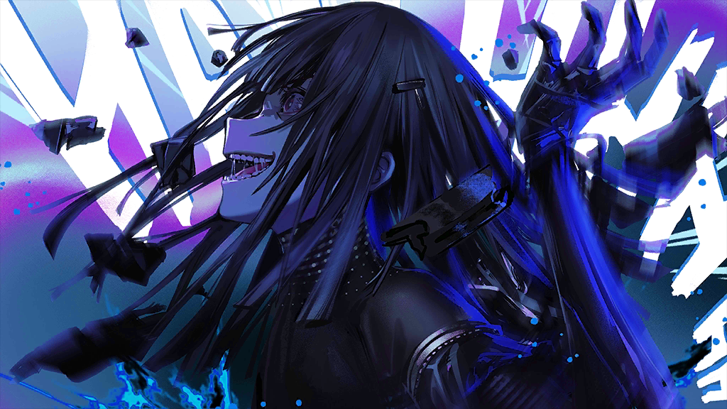 1girl artist_request black_hair bloodshot_eyes blunt_bangs crazy crazy_eyes crazy_laugh crazy_smile debris english_text from_side game_cg girls&#039;_frontline hair_ornament hairclip hand_up laughing mechanical_arms motion_blur nimogen_(girls&#039;_frontline) nyto_(girls&#039;_frontline) official_art open_mouth paradeus profile saliva scapular simple_background smile solo spoilers teeth text_background upper_body