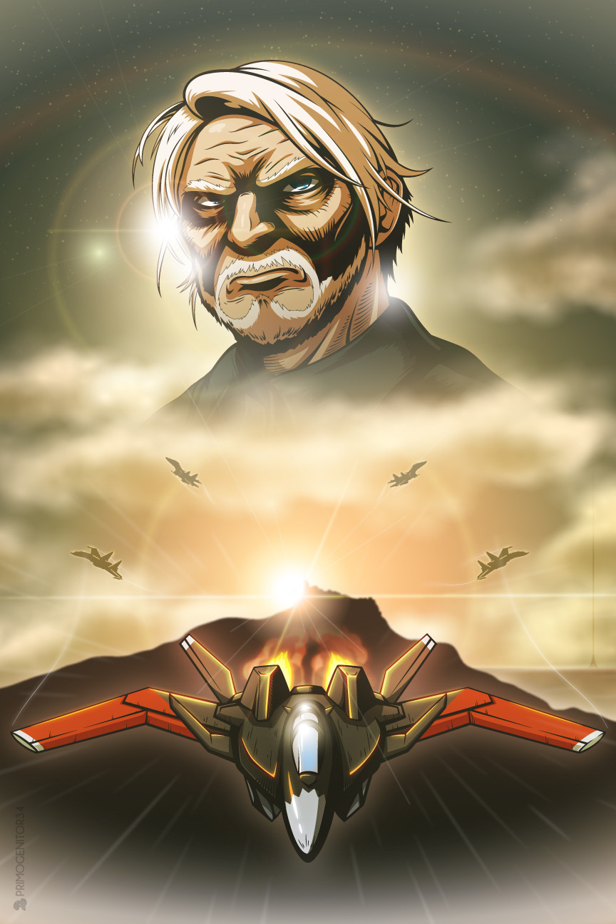 1boy ace_combat ace_combat_7:_skies_unknown air_supreriority_fighter aircraft airplane beard blue_eyes cloud cloudy_sky commentary english_commentary facial_hair fighter_aircraft fighter_jet highres interdictor lens_flare male_focus mihaly_a_shilage military military_vehicle multirole_combat_aircraft old old_man primogenitor34 sky su-30 sun vector_art white_hair x-02s_strike_wyvern
