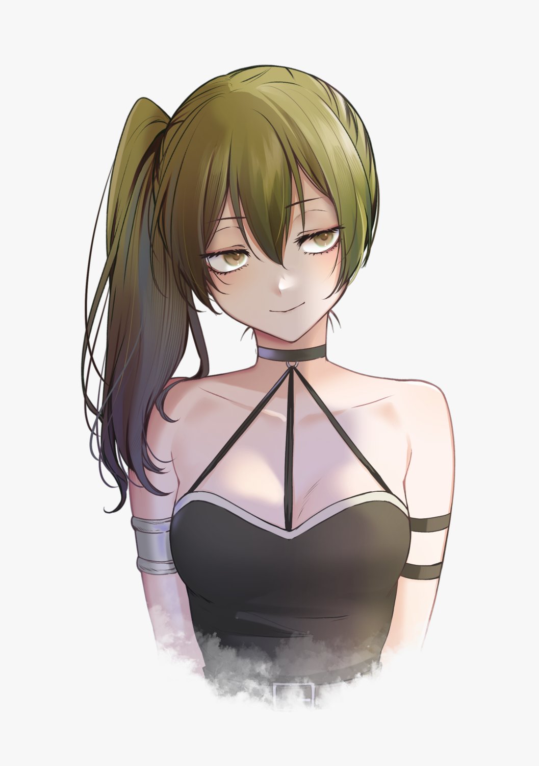 1girl arm_strap armlet belt black_choker black_dress blush breasts carrot_(robosquat) choker cleavage collarbone cropped_arms cropped_torso dress green_hair grey_background hair_over_shoulder highres jewelry side_ponytail sideways_glance smile solo sousou_no_frieren ubel_(sousou_no_frieren) upper_body