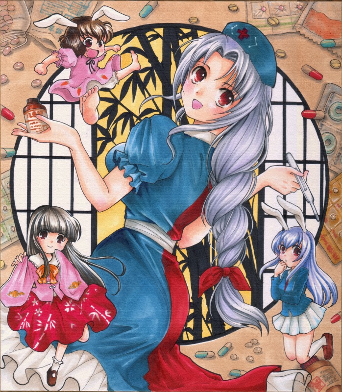 4girls alternate_hair_color animal_ears bad_id bad_pixiv_id barefoot black_hair blazer blue_hair braid brown_hair chibi covering_own_mouth digital_thermometer female_focus gintarou_(puipuiginta) hand_over_own_mouth houraisan_kaguya inaba_tewi jacket light_purple_hair long_hair long_sleeves marker_(medium) multiple_girls necktie pastel_(medium) pleated_skirt rabbit_ears red_eyes reisen_udongein_inaba short_hair silver_hair skirt sleeves_past_wrists smile thermometer touhou traditional_media yagokoro_eirin