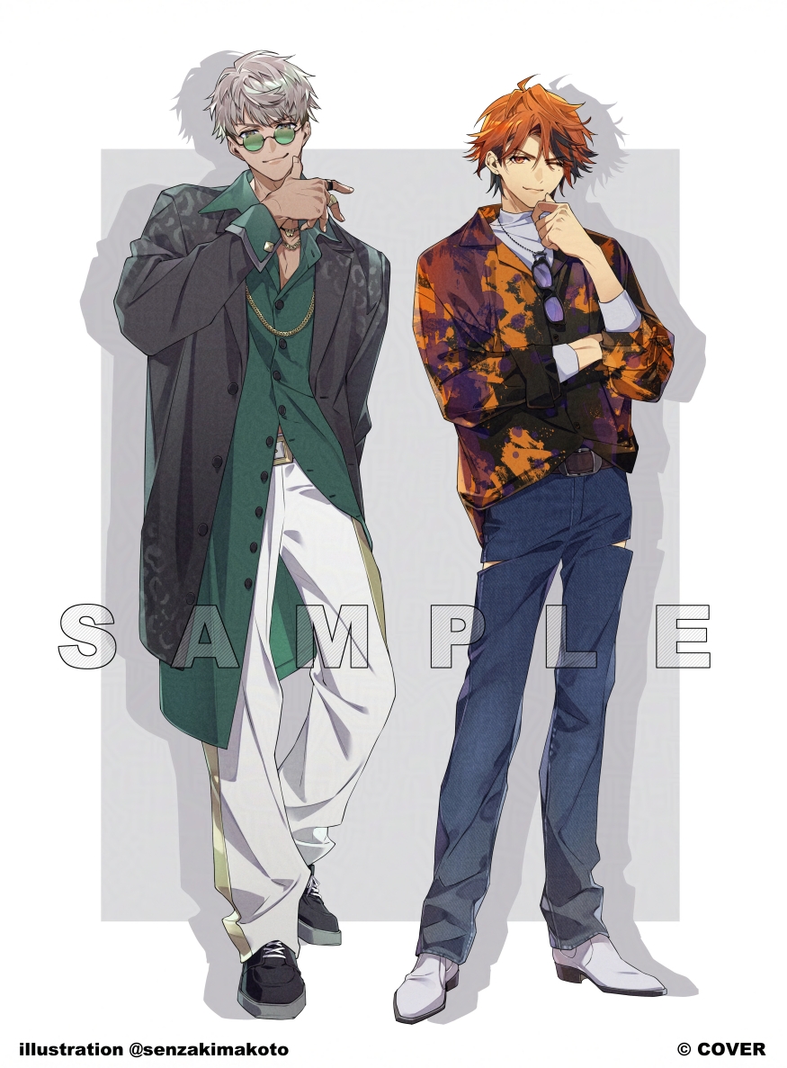 2boys ;) alternate_costume alternate_hairstyle arurandeisu belt black_coat black_hair black_shoes border brown_belt buttoned_cuffs buttons chain chain_necklace coat collarbone copyright_notice curtained_hair denim dress_shirt dress_shoes drop_shadow full_body glasses green-tinted_eyewear green_eyes green_shirt grey_background grey_hair hair_between_eyes hand_in_pocket hand_on_own_arm hand_on_own_chin hand_up high_tops holostars jacket jeans jewelry long_shirt long_sleeves looking_at_viewer male_focus mole mole_under_eye multicolored_hair multicolored_jacket multiple_boys multiple_necklaces multiple_rings necklace official_art one_eye_closed open_clothes open_coat open_collar orange_eyes orange_hair orange_jacket outside_border pants partially_unbuttoned patterned_clothing purple_jacket ring round_eyewear sample_watermark senzaki_makoto shirt shoes short_hair side-by-side simple_background sleeve_cuffs smile smirk sneakers standing streaked_hair sunglasses tan tinted_eyewear torn_clothes torn_jeans torn_pants turtleneck undercut v-shaped_eyebrows virtual_youtuber watermark white_belt white_border white_pants white_shirt white_shoes wing_collar wispy_bangs yukoku_roberu