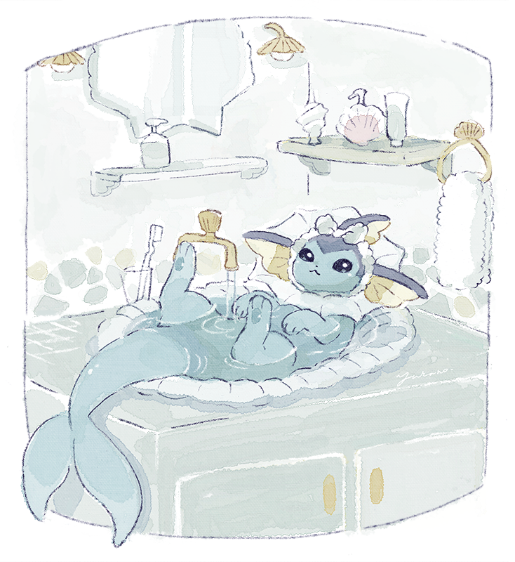bathroom blue_skin cabinet colored_skin faucet gen_1_pokemon glass indoors lying nintendo no_humans on_back pokemon pokemon_(creature) solo toothbrush vaporeon water yurano_(upao)