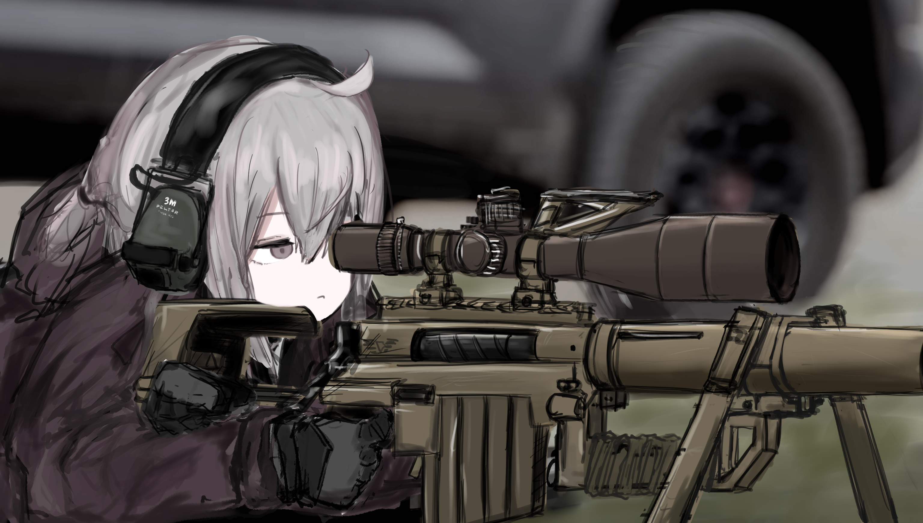 1girl aiming bdp_lee black_gloves blurry blurry_background bolt_action brown_eyes brown_jacket cheytac_m200 commentary double-parted_bangs ear_protection frown girls'_frontline gloves grey_hair gun hair_between_eyes highres hood hooded_jacket jacket looking_through_scope low_ponytail lying m200_(girls'_frontline) magazine_(weapon) medium_hair on_stomach outdoors ponytail rifle scope sidelocks sketch sniper_rifle solo upper_body weapon