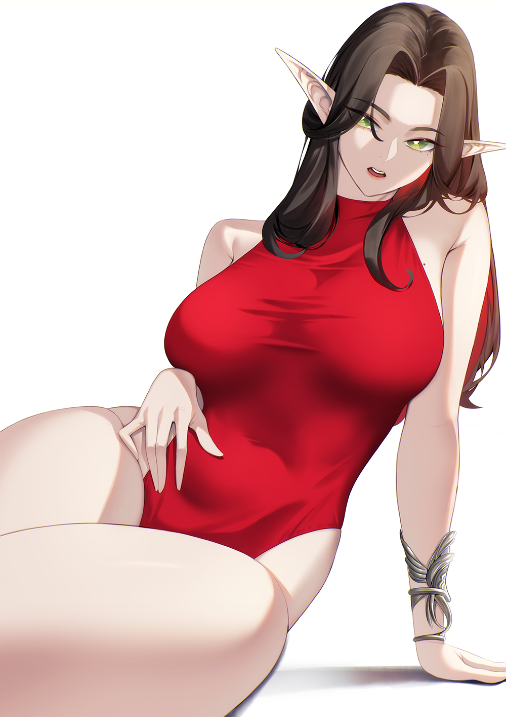1girl blueorca bracelet breasts bright_pupils brown_hair commentary covered_navel elf english_commentary green_eyes hand_on_own_hip hand_rest highres jewelry large_breasts long_hair looking_at_viewer mole mole_on_breast one-piece_swimsuit open_mouth original parted_bangs pointy_ears red_one-piece_swimsuit solo swimsuit teeth thick_thighs thighs turtleneck turtleneck_one-piece_swimsuit upper_teeth_only white_background white_pupils