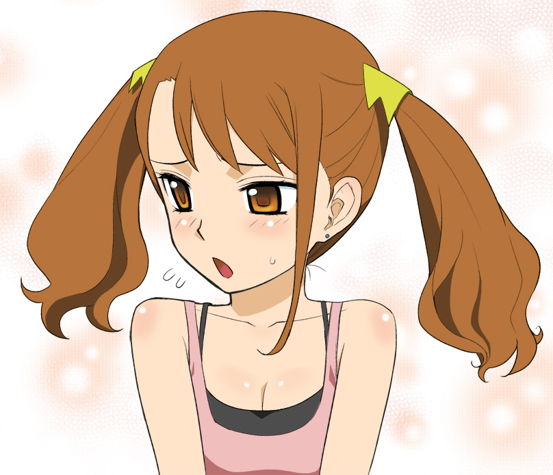 1girl anjou_naruko ano_hi_mita_hana_no_namae_wo_bokutachi_wa_mada_shiranai. bare_shoulders blush brown_eyes brown_hair camisole commentary_request long_hair looking_to_the_side open_mouth solo twintails upper_body yaya_hinata