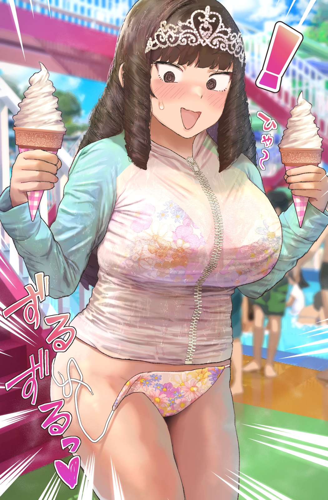 1girl @_@ aqua_jacket bikini blush breasts brown_eyes brown_hair drill_hair floral_print food highres holding holding_food holding_ice_cream ice_cream jacket large_breasts multicolored_jacket nose_blush open_mouth original people plump pool ryokucha_michi solo_focus stairs sweatdrop swimsuit tiara wardrobe_malfunction water waterpark white_jacket zipper