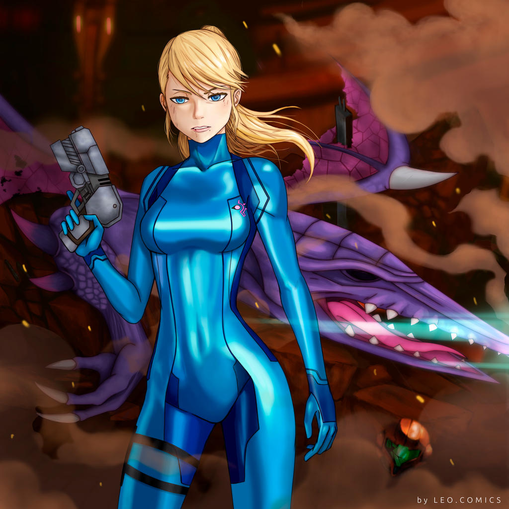1girl arm_at_side artist_name blonde_hair blood blood_on_face blue_bodysuit blue_eyes bodysuit breasts bruise clenched_hand closed_eyes collarbone covered_navel dragon energy_sword eyelashes facing_viewer female_focus floating_hair groin hair_between_eyes hand_up helmet high_ponytail holster injury large_breasts legs leo.comics long_hair looking_at_viewer metroid metroid:_other_m neck nintendo open_mouth paralyzer parted_lips ponytail print_bodysuit ridley samus_aran science_fiction serious sharp_teeth sidelocks skin_tight smoke standing swept_bangs sword teeth thigh_holster thighs trigger_discipline turtleneck turtleneck_bodysuit unworn_headwear unworn_helmet weapon zero_suit