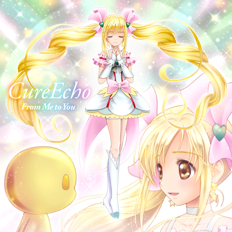 1girl bike_shorts bike_shorts_under_skirt blonde_hair boots bow brown_eyes character_name choker closed_eyes cure_echo female_focus full_body fuu-chan_(precure) hair_ornament hair_ribbon hairpin long_hair magical_girl own_hands_clasped own_hands_together pink_bow precure precure_all_stars precure_all_stars_new_stage:_mirai_no_tomodachi rainbow_text ribbon sakagami_ayumi sekken_kasu_barrier shorts shorts_under_skirt skirt smile solo twintails waist_bow white_choker