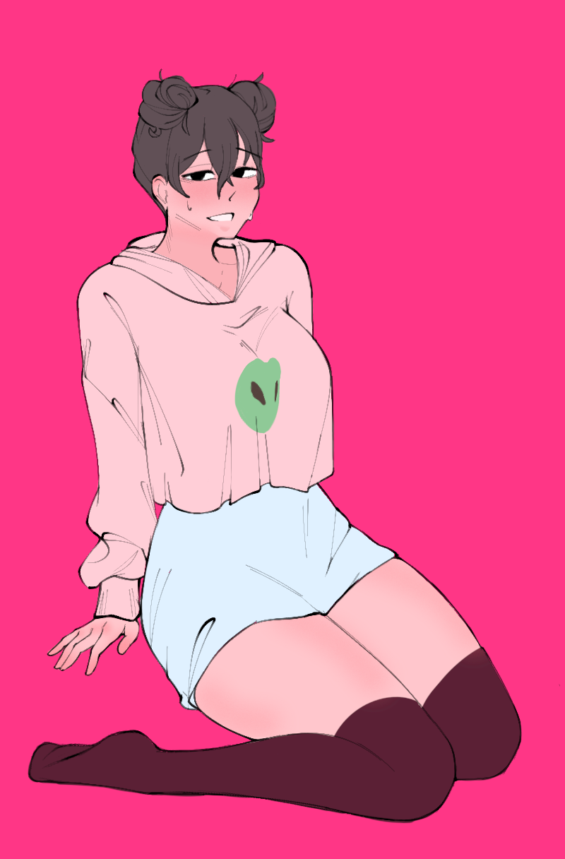 1girl alternate_hairstyle animal_ears apandah_(youtube) bear_ears black_eyes black_hair black_socks blush breasts collarbone genderswap genderswap_(mtf) hair_between_eyes highres hood hoodie kneehighs large_breasts long_sleeves looking_at_viewer nervous oldperformer53 panda panda_ears pink_background pink_hoodie raised_eyebrows short_hair simple_background smile socks sweat sweatdrop nervous_sweating tagme thick_thighs thighs youtube