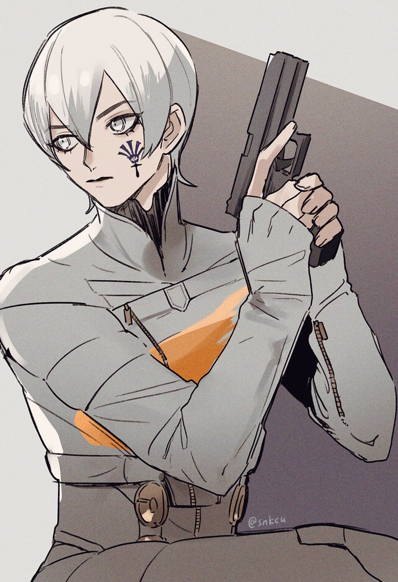 1boy arms_up black_pants cropped_jacket digital_devil_saga facial_tattoo grey_eyes grey_jacket gun hair_between_eyes handgun highres holding holding_gun holding_weapon jacket konbanha06 long_sleeves looking_to_the_side male_focus pants serph sleeves_past_wrists solo tattoo twitter_username weapon white_hair zipper