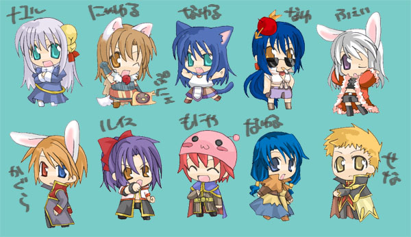 2000s_(style) 4boys 6+girls :3 alchemist_(ragnarok_online) animal_ears apple_on_head arrow_through_apple bell blacksmith_(ragnarok_online) blonde_hair blue_dress blue_eyes blue_hair bow brown_capelet brown_coat brown_eyes brown_hair capelet cat_ears cat_girl cat_tail chibi chibi_only closed_mouth coat commentary_request dress fake_animal_ears frown full_body grey_hair hair_bell hair_bow hair_ornament jingle_bell long_hair looking_at_viewer medium_hair monk_(ragnarok_online) multiple_boys multiple_girls nayuruonline novice_(ragnarok_online) one_eye_closed open_mouth orange_eyes poring priest_(ragnarok_online) purple_eyes purple_hair rabbit_ears ragnarok_online red_bow red_coat red_eyes red_hair red_shirt rogue_(ragnarok_online) shirt short_hair simple_background smile sunglasses swordsman_(ragnarok_online) tail translation_request vanilmirth_(ragnarok_online) white_hair white_shirt wizard_(ragnarok_online)