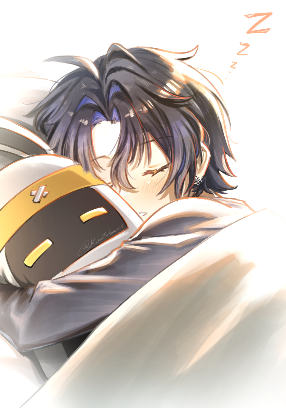 1boy asaba_harumasa black_hair black_shirt blanket blush closed_eyes earrings eous_(zenless_zone_zero) hair_between_eyes highres jewelry kuro_tsubasa long_sleeves male_focus pillow shirt short_hair sleeping solo zenless_zone_zero zzz