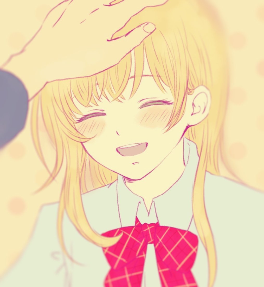 1boy 1girl blonde_hair bow closed_eyes collared_shirt disembodied_hand eyebrows_hidden_by_hair hair_between_eyes head_pat long_hair matsunae_tsugumi open_mouth plaid_bow red_bow school_uniform shin_subarashiki_kono_sekai shirt smile solo subarashiki_kono_sekai white_shirt