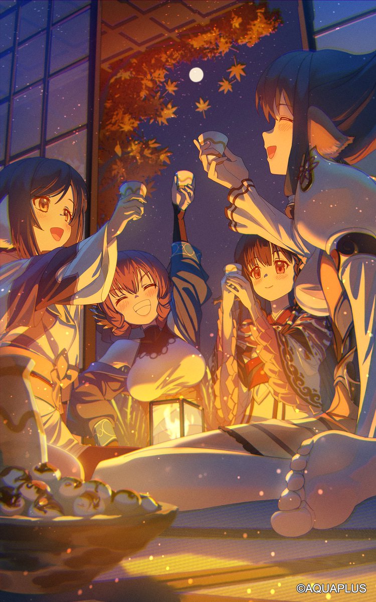 4girls animal_ears aquaplus arm_up atuy autumn_leaves bare_shoulders barefoot blush breasts choko_(cup) closed_mouth copyright_name cup full_moon grin highres holding holding_cup jdge kuon_(utawarerumono) large_breasts leaf light_smile long_sleeves medium_breasts moon multiple_girls night night_sky nosuri obi open_mouth own_hands_together rulutieh sash short_hair shouji sitting sky sliding_doors small_breasts smile tatami toasting_(gesture) tokkuri underbust utawarerumono utawarerumono:_lost_flag