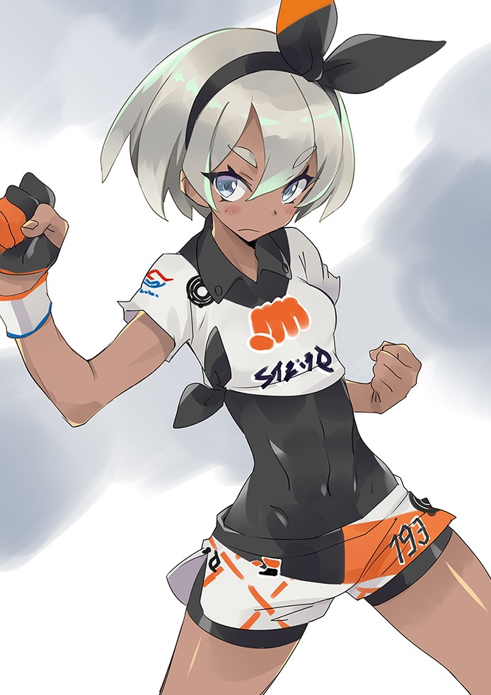 1girl bea_(pokemon) black_bodysuit black_hairband blue_eyes bodysuit bodysuit_under_clothes bow_hairband breasts closed_mouth dark-skinned_female dark_skin female_focus game_freak grey_hair hairband muscular muscular_female nintendo pokemon pokemon_swsh simple_background small_breasts solo thick_eyebrows toned toned_female usatsuka_eiji