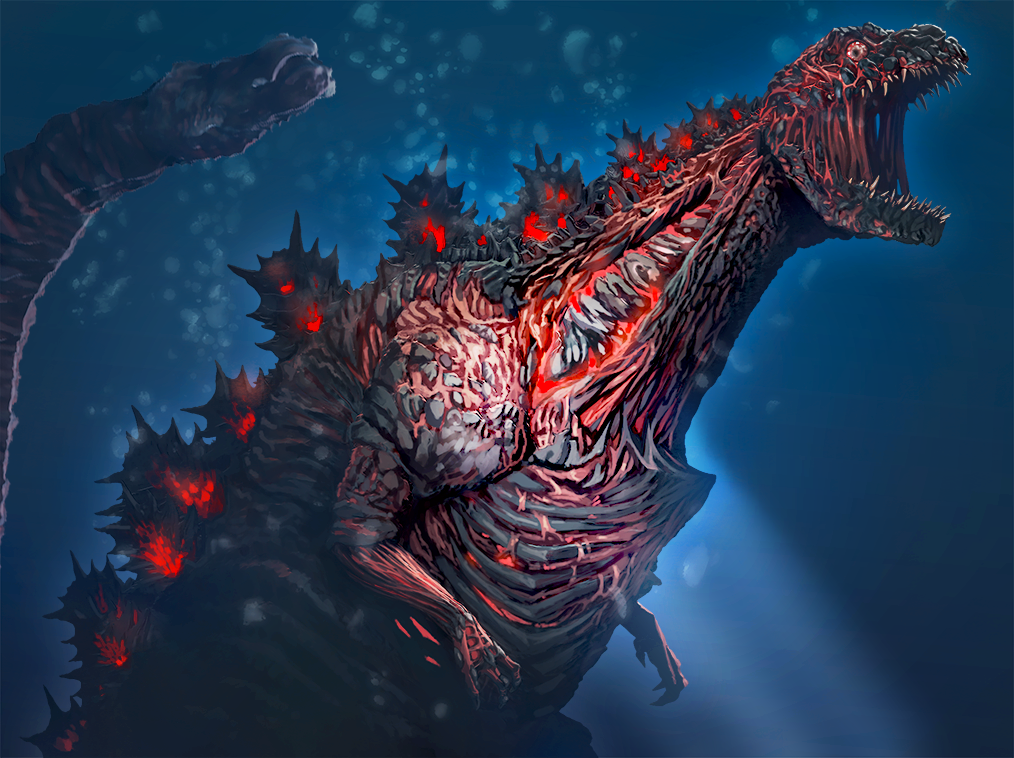 blood bubble energy giant giant_monster glowing godzilla godzilla_(series) godzilla_(shin) hanekura_bou kaiju multiple_heads no_humans ocean sea_monster sharp_teeth shin_godzilla tail_head teeth toho underwater water