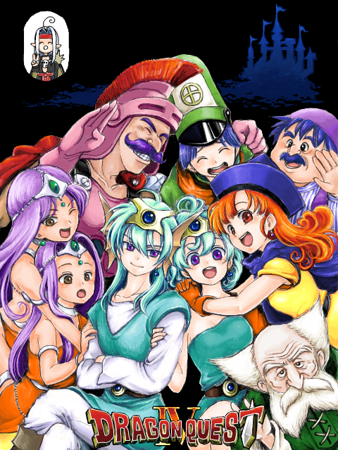 alena_(dq4) belt breasts brey cape circlet clift closed_mouth commentary_request curly_hair dancer&#039;s_costume_(dq) dark_skin dragon_quest dragon_quest_iv dress earrings everyone gloves green_hair hat hero_(dq4) heroine_(dq4) jewelry long_hair looking_at_viewer manya_(dq4) mariemon minea_(dq4) multiple_boys multiple_girls open_mouth orange_hair pisaro purple_hair red_eyes ryan_(dq4) siblings smile torneko twins
