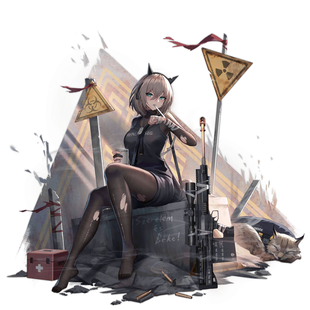 1girl ammunition animal animal_ear_headphones animal_ears anti-materiel_cartridge anti-materiel_rifle bandaged_arm bandages black_bodysuit black_pantyhose black_tank_top blue_shorts blush bodystocking bodysuit breasts bridal_gauntlets brown_hair bullet shell_casing bullpup clothed_animal clothes_writing cross cup damaged dog_tags fake_animal_ears first_aid_kit gepard_gm6_lynx girls&#039;_frontline gm6_lynx_(girls&#039;_frontline) green_eyes gun hair_between_eyes hazard_symbol headphones holding hood hood_down looking_at_viewer lynx magnum_cartridge medium_breasts medium_hair mouth_hold name_connection no_shoes official_art pantyhose profile radiation_symbol red_cross rifle rifle_cartridge semi-automatic_rifle sero_international_kft shorts sitting sniper_rifle solo tail tally tank_top torn_bodystocking torn_clothes torn_pantyhose transparent_background weapon white_background yurika-r