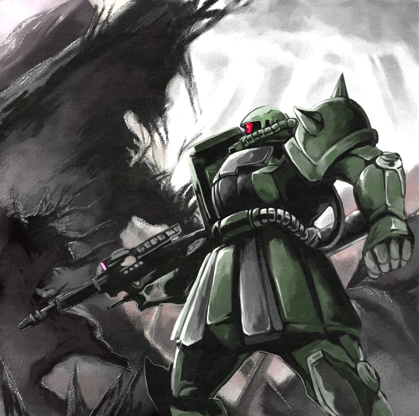 gun gundam mecha mm_(artist) mmlu_(honwa_karesu) mobile_suit_gundam robot ryuryo weapon zaku zaku_ii