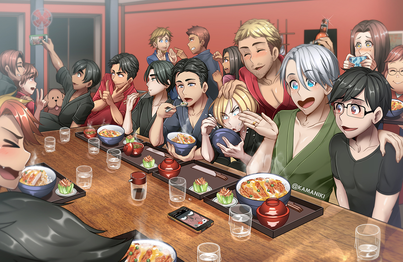 +_+ 10s 3girls 6+boys ^_^ artist_name bad_id bad_pixiv_id beard beer_bottle black_hair blonde_hair blue_eyes blush bowl brown_eyes brown_hair cellphone chopsticks christophe_giacometti closed_eyes cup dark-skinned_male dark_skin dog drinking_glass eating emil_nekola closed_eyes facial_hair fang food green_eyes grey_eyes hand_on_another's_head hand_on_another's_shoulder it's_j.j._style! japanese_clothes jean-jacques_leroy jewelry ji_guang-hong kamaniki katsudon_(food) katsuki_hiroko katsuki_yuuri lee_seung-gil leo_de_la_iglesia makkachin michele_crispino minami_kenjirou mole mole_under_eye multicolored_hair multiple_boys multiple_girls okukawa_minako open_mouth otabek_altin phichit_chulanont phone pointing red_hair ring sara_crispino selfie silver_hair smartphone smile sparkle spoon table tears v viktor_nikiforov yakov_feltsman yuri!!!_on_ice yuri_plisetsky