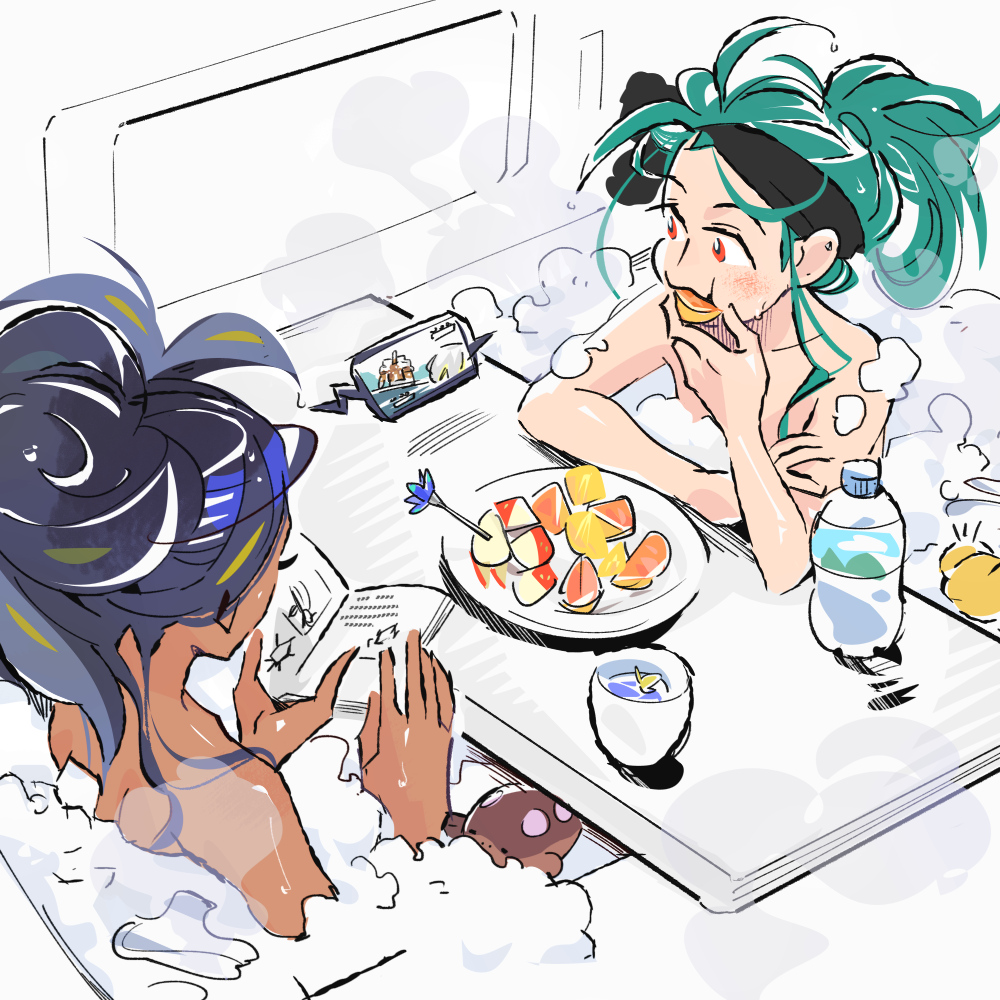 2girls bathtub black_hairband blonde_hair blue_hair book bottle clodsire cup dark-skinned_female dark_skin eating eyelashes food fruit garganacl geeta_(pokemon) gen_1_pokemon green_hair hairband holding holding_book indoors logi_bunbukucha multicolored_hair multiple_girls nintendo open_book orange_(fruit) orange_slice phone plate pokemon pokemon_sv psyduck red_eyes rika_(pokemon) soap_bubbles streaked_hair