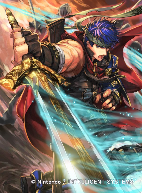 2boys armor belt blue_eyes blue_hair cape commentary_request company_connection copyright_name fingerless_gloves fire_emblem fire_emblem:_path_of_radiance fire_emblem:_radiant_dawn fire_emblem_cipher gloves glowing glowing_weapon headband helmet holding holding_sword holding_weapon ike_(fire_emblem) kuroba.k looking_at_viewer male_focus multiple_boys muscular nintendo official_art open_mouth pants polearm red_cape short_hair shoulder_armor sleeveless spear sword weapon