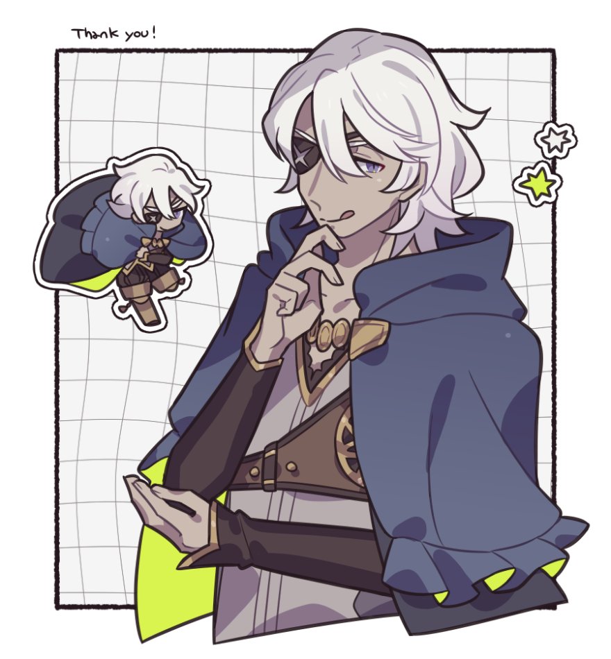 1boy :q blue_capelet blue_eyes border capelet chibi chibi_inset closed_mouth cropped_torso eyepatch fire_emblem fire_emblem_fates grid_background haconeri male_focus medium_hair multiple_views niles_(fire_emblem) nintendo outside_border simple_background standing star_(symbol) thank_you tongue tongue_out white_background white_border white_hair