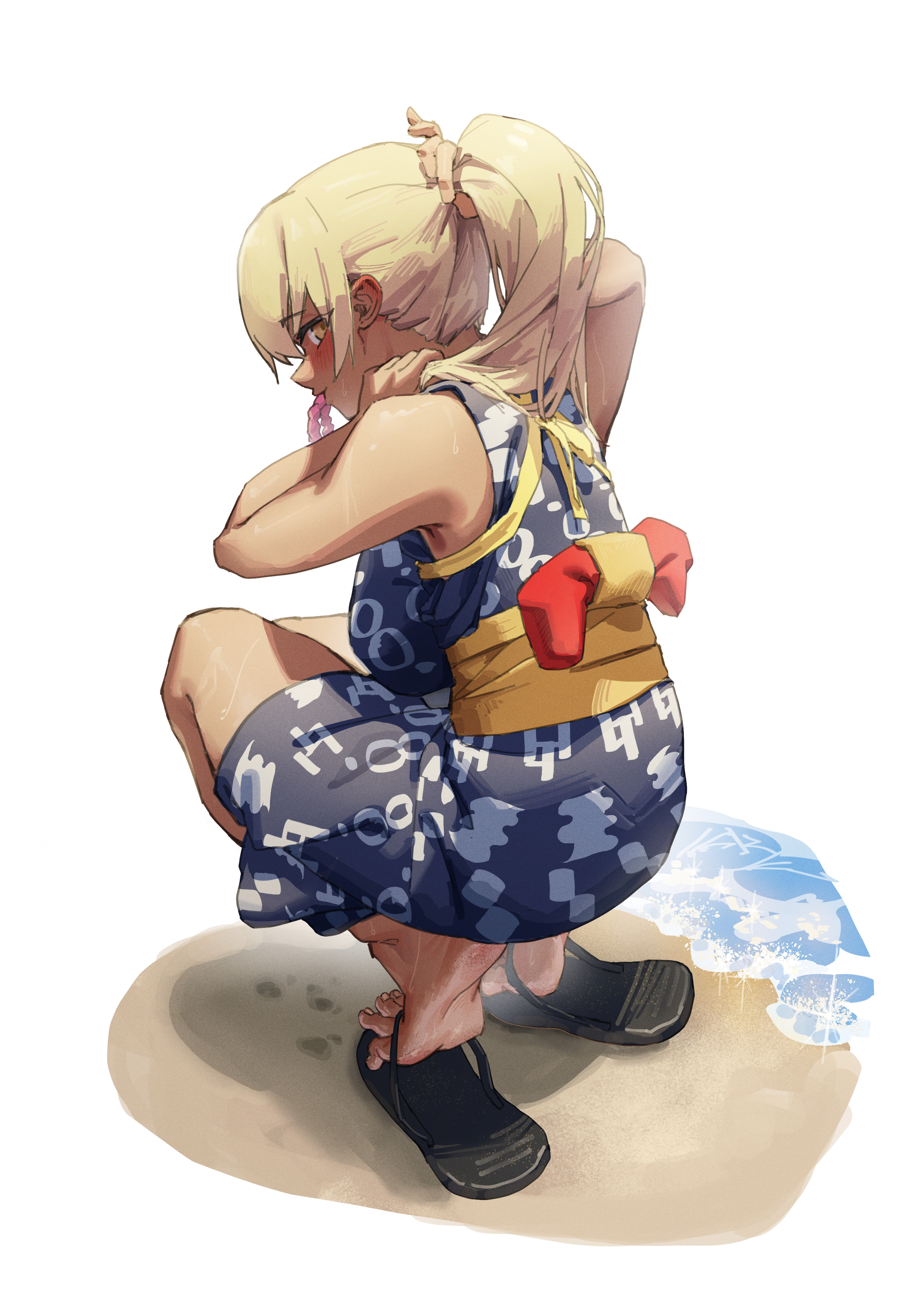 1girl adjusting_hair ahoge armpits artist_request ass bare_shoulders beach blonde_hair breasts cleavage clenched_hands feet female_focus from_behind full_body geta hair_ornament hair_scrunchie hands_up higa_kana highres japanese_clothes kimono large_breasts legs long_hair looking_at_viewer looking_back matching_hair/eyes mouth_hold obi ocean okinawa_de_suki_ni_natta_ko_ga_hougen_sugite_tsurasugiru outdoors parted_lips print_yukata sandals sash scrunchie short_kimono short_yukata sidelocks sleeveless sleeveless_kimono sleeveless_yukata soles squatting summer sweat tan thighs tiptoes toenails toes tying_hair yellow_eyes yukata