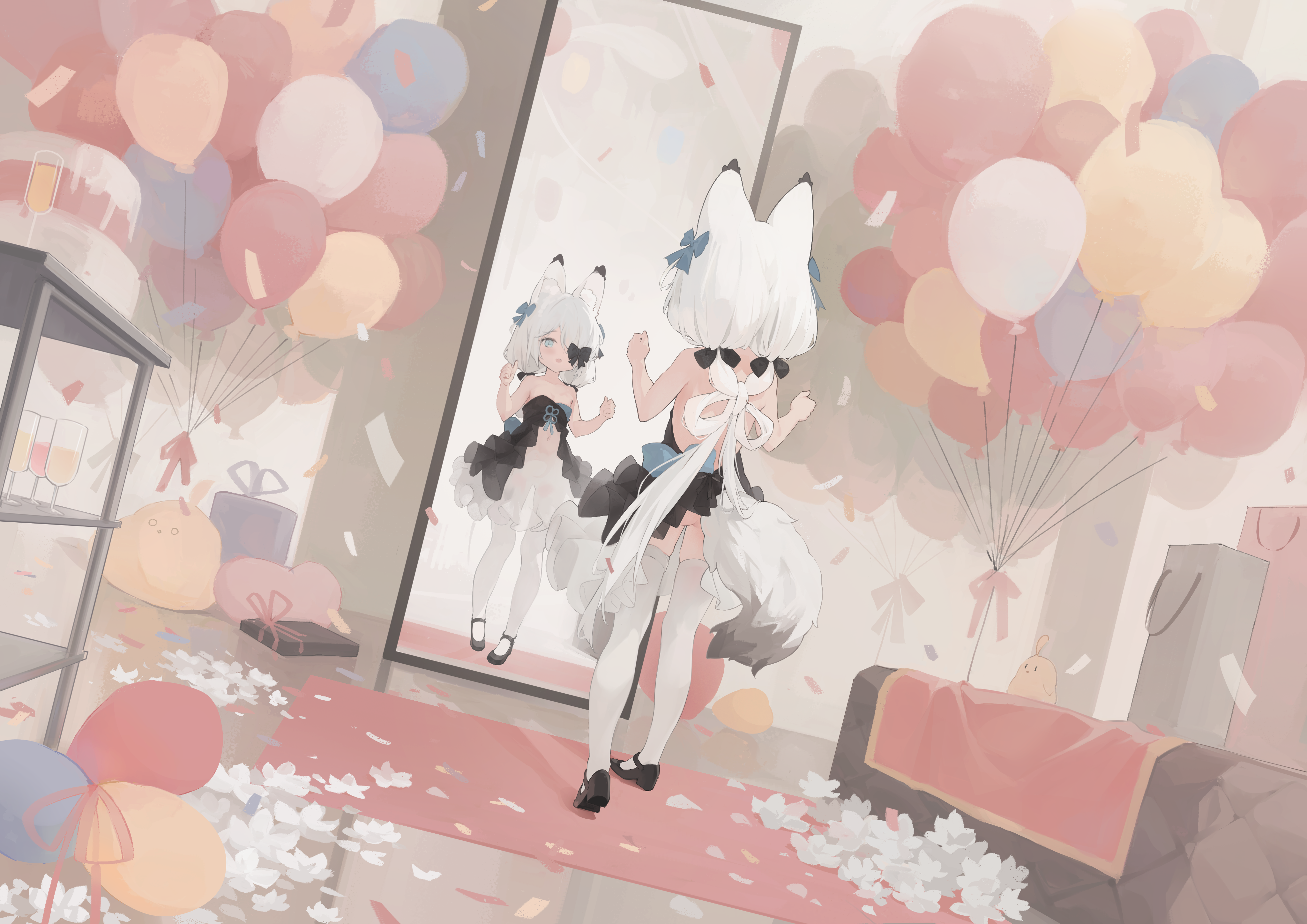 1girl absurdres alternate_costume animal_ear_fluff animal_ears azur_lane bag balloon black_bow black_dress black_shoes blue_bow blue_eyes bow box cake champagne_flute clothing_cutout cup dress drinking_glass flower food fox_ears fox_tail frilled_skirt frills full_body gift gift_box hair_bow hair_over_one_eye highres kasumi_(azur_lane) kasumi_1118 looking_at_mirror low_twintails manjuu_(azur_lane) mary_janes mirror navel_cutout open_mouth shoes skirt smile solo standing swept_bangs tail thighhighs twintails twintails_with_braided_base white_flower white_hair white_skirt white_thighhighs