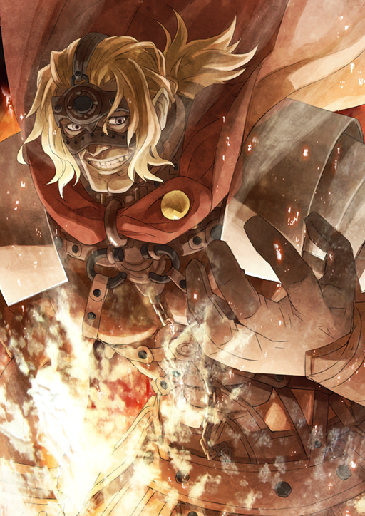 1boy armor black_gloves blonde_hair cape chain chest_harness cleft_chin clenched_teeth colored_skin fate/grand_order fate_(series) faulds gloves grey_eyes grey_skin harness konoe_ototsugu low_ponytail male_focus muscular muscular_male official_art pectorals ponytail red_cape shoulder_armor sidelocks solo spartacus_(fate) teeth third-party_source upper_body