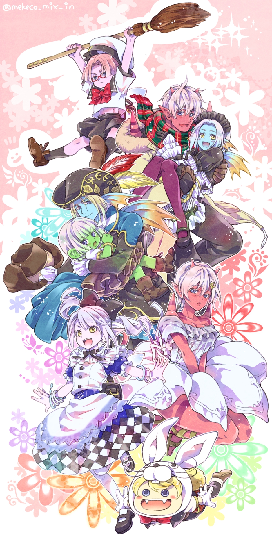 4boys 4girls :d back_fin black_bow black_footwear black_skirt blonde_hair bloomers blue_eyes blunt_bangs blunt_ends bob_cut boots bow bow_choker bowtie bracelet breasts broom brown_footwear carrying checkered_clothes choker cleavage colored_eyelashes colored_skin commentary_request crossdressing curly_hair dragon_quest dragon_quest_x dress dwarf_(dq10) elf_(dq10) fairy_wings fangs fins fish_boy fish_girl floating_clothes floating_hair flower gloves gold_bracelet green_skin hair_bow hat hat_feather head_fins highres holding holding_broom horns jewelry large_breasts large_ears looking_ahead looking_at_viewer looking_to_the_side maid_headdress mary_janes medium_hair mekeko midriff multiple_boys multiple_girls off_shoulder ogre_(dq10) open_mouth pantyhose parted_hair pinafore_dress pink_hair pink_pantyhose pink_skin plaid_clothes plaid_scarf pointy_ears princess_carry puffy_short_sleeves puffy_sleeves puklipo purple_skin rabbit_tail red-framed_eyewear red_bow red_bowtie red_horns red_skin sailor_collar sailor_shirt sandals scarf semi-rimless_eyewear shirt shoes short_sleeves shoulder_spikes skirt sleeveless sleeveless_dress smile spikes tail twintails twitter_username underwear unworn_hat unworn_headwear weddie_(dq10) white_dress white_gloves white_hair white_pantyhose wings yellow_eyes yellow_tail