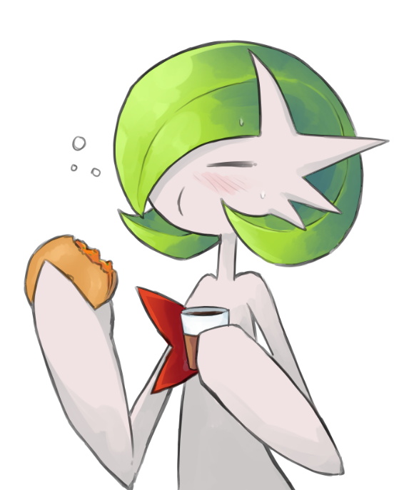 closed_eyes cup dmt_(auburn) drink eating food food_in_mouth gardevoir gen_3_pokemon holding holding_cup holding_food mega_gardevoir mega_pokemon nintendo pokemon pokemon_(creature) simple_background white_background