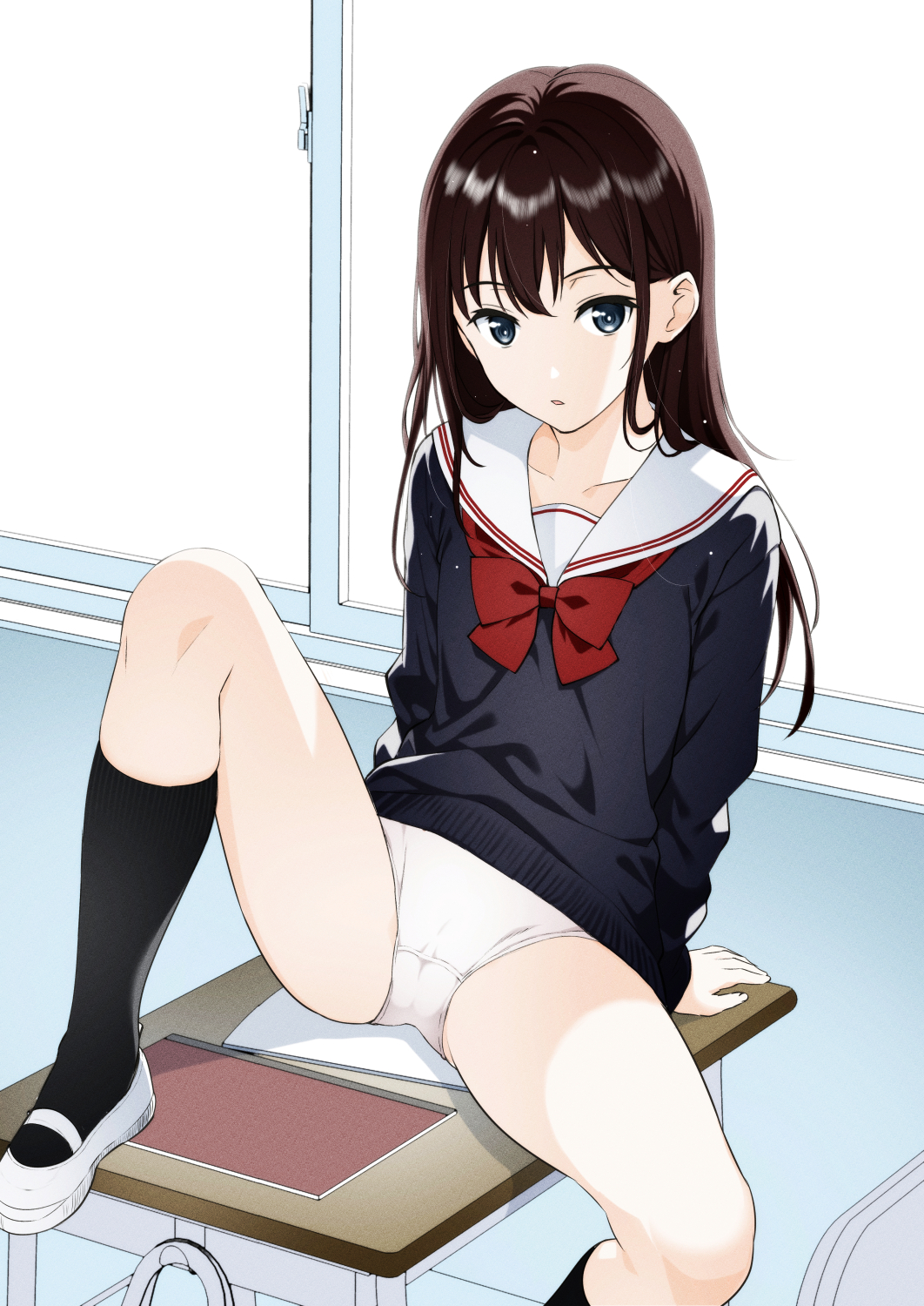 1girl black_socks black_sweater bow bowtie brown_hair classroom commentary_request desk grey_eyes highres kneehighs long_hair long_sleeves looking_at_viewer mary_janes moonsorrow neckerchief no_pants on_desk original panties parted_lips red_bow red_bowtie red_neckerchief sailor_collar school_uniform serafuku shoes sitting socks solo spread_legs sweater underwear uwabaki white_panties white_shoes window winter_uniform