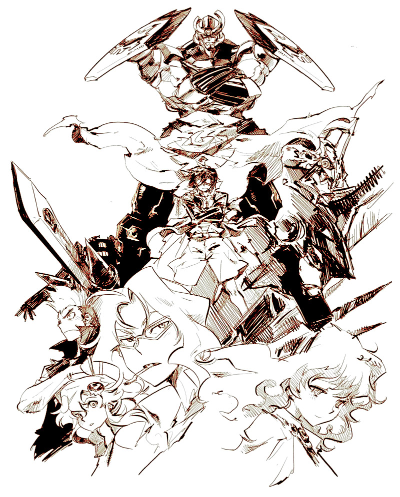 00s 2girls 4boys core_drill crossed_arms dai-gurren enkidu_(ttgl) gurren-lagann kamina_(ttgl) kittan_bachika lazengann leite_jokin mecha monochrome multiple_boys multiple_girls nia_teppelin robot simon_(ttgl) tengen_toppa_gurren_lagann tomotsuka_haruomi yoko_littner