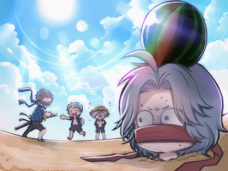 4boys alternate_costume arm_up beach black_footwear black_shirt black_shorts blindfold blue_eyes blue_shirt blue_sky brothers brown_hat closed_mouth cloud cloudy_sky commentary covered_eyes covered_mouth dante_(devil_may_cry) day devil_may_cry_(series) dual_persona english_commentary father_and_son floral_print flying_sweatdrops food fruit grey_hair hat hawaiian_shirt holding holding_sword holding_weapon key_r_kenway looking_at_another multiple_boys nero_(devil_may_cry) open_clothes open_shirt running sand sandals scared shirt short_hair short_sleeves shorts siblings sky summer sun sun_hat sweat sword twins uncle_and_nephew v-shaped_eyebrows v_(devil_may_cry) vergil_(devil_may_cry) watermelon weapon yamato_(sword)