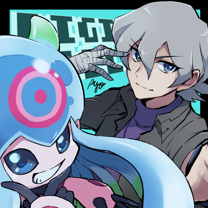 1boy 1girl ayo_(ayosanri009) bandaged_arm bandages black_jacket blue_eyes blue_shirt colored_skin digimon digimon_ghost_game grey_hair higashimitarai_kiyoshiro jacket jellymon pink_skin shirt short_hair upper_body