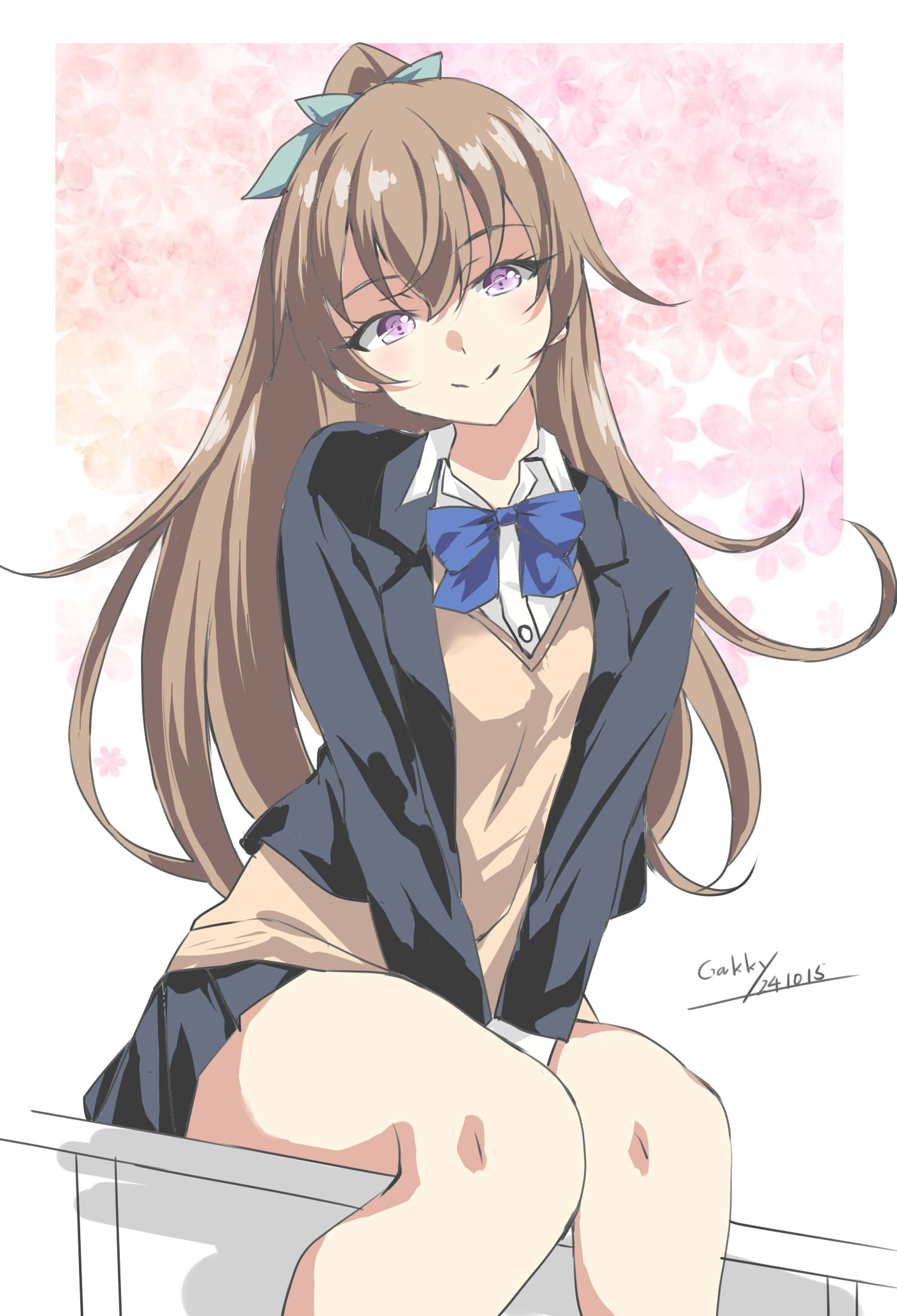 alternate_costume artist_name black_jacket black_skirt blazer blue_bow blue_bowtie bow bowtie brown_hair cardigan dated gakky gradient_background highres jacket kantai_collection kumano_(kancolle) kumano_(school_girl)_(kancolle) kumano_kai_ni_(kancolle) long_hair looking_at_viewer pink_background ponytail purple_eyes school_uniform sitting skirt smile white_background